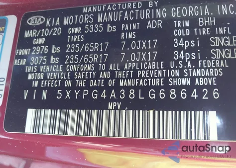 2020 Kia Sorento 2.4L Lx из США, поврежденный, VIN 5XYPG4A38LG686426